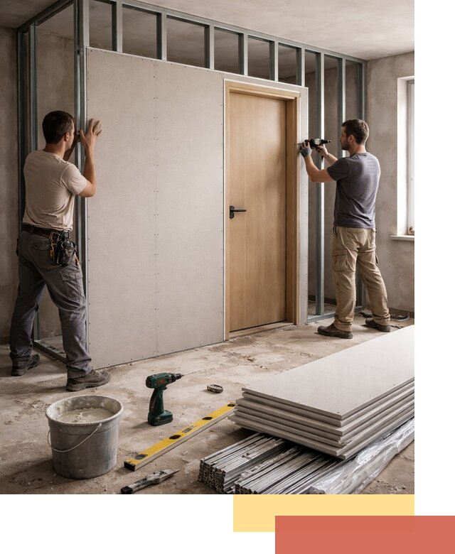 Перегородка из гипсокартона с дверью под ключ в Томске