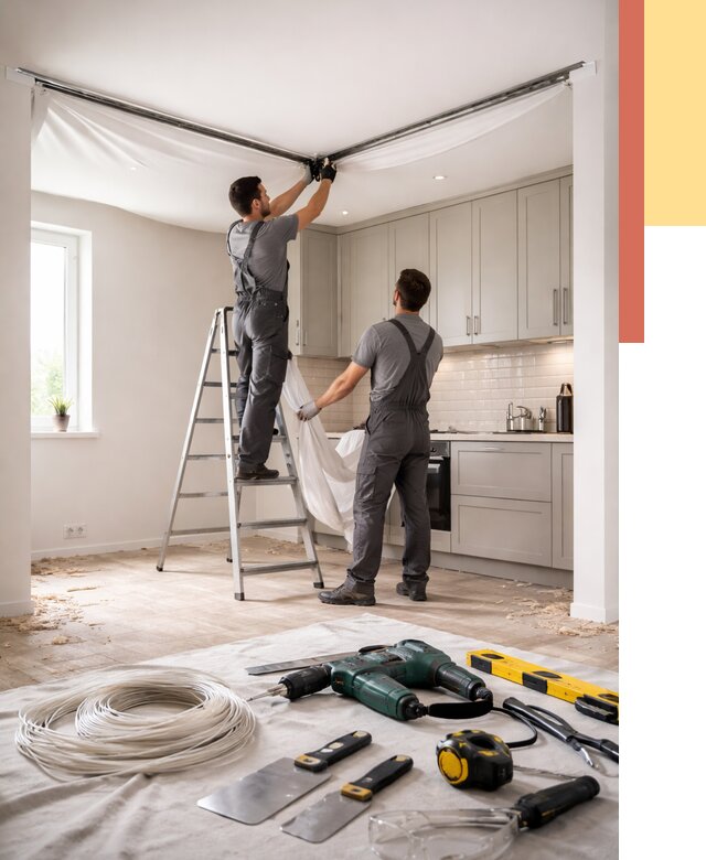 Установка натяжного потолка на кухне в Томске от 2622 руб. | ОТДЕЛОЧНИК-Тмс