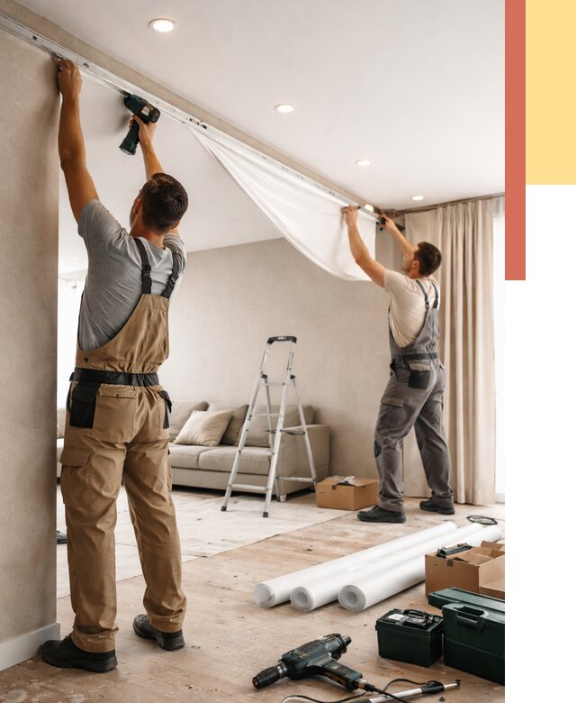 Монтаж натяжного потолка в гостиной в Томске от 601 руб. | ОТДЕЛОЧНИК-Тмс