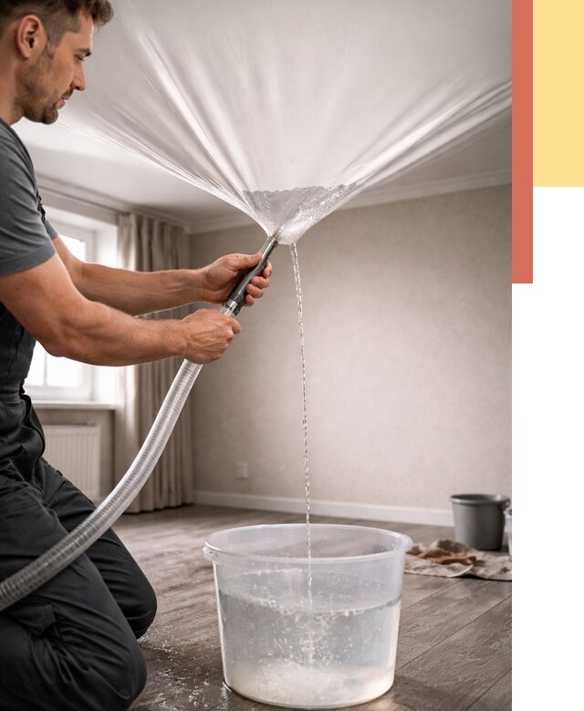 Слив воды с натяжного потолка в Томске от 2732 руб. быстро и недорого | ОТДЕЛОЧНИК-Тмс