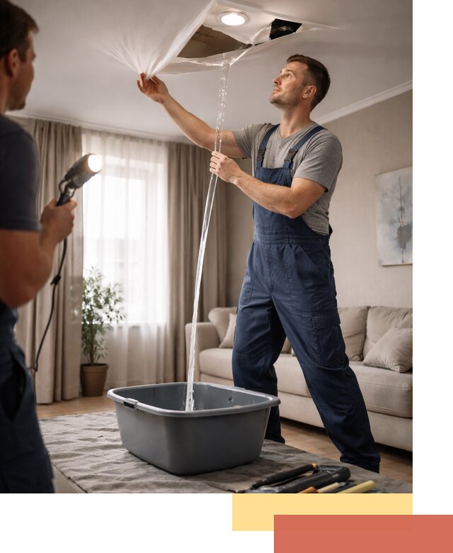 Слив воды с натяжного потолка в Томске быстро и аккуратно