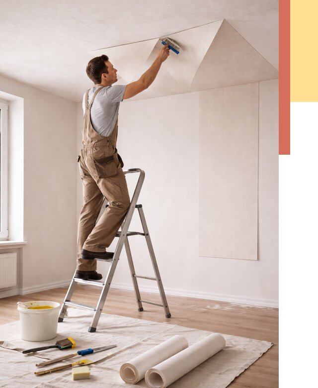 Поклейка обоев на потолок в Томске от 4917 руб. быстро и недорого | ОТДЕЛОЧНИК-Тмс